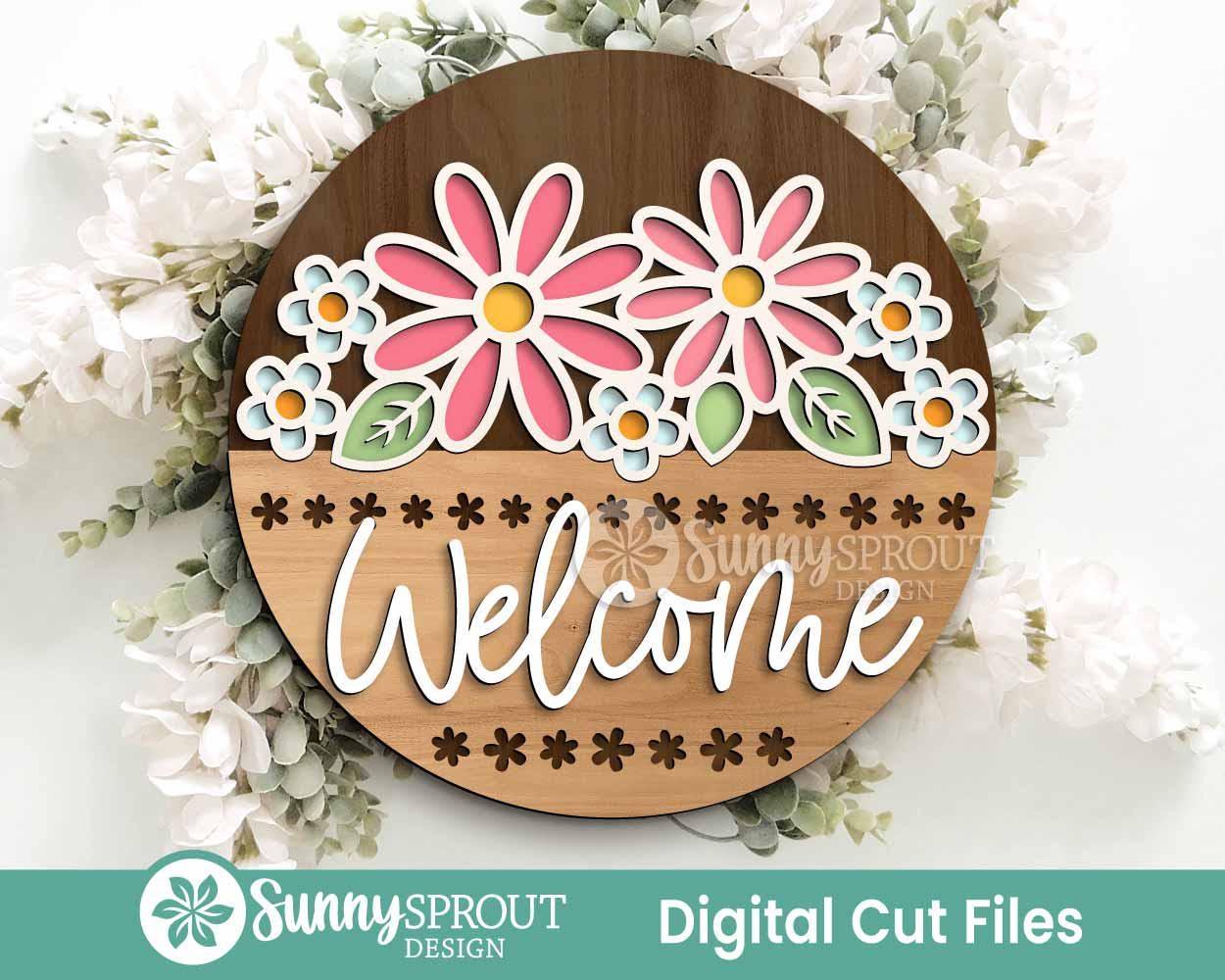 Spring Sign Bundle 5, Round door hanger svg, Glowforge laser file, Cricut, Spring flower welcome sign, Hello Spring