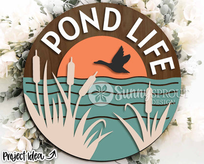 Pond Life Cattails Sign, Digital download, SVG Laser cut file, Cricut, Round door hanger design, Summer pond outdoor decor