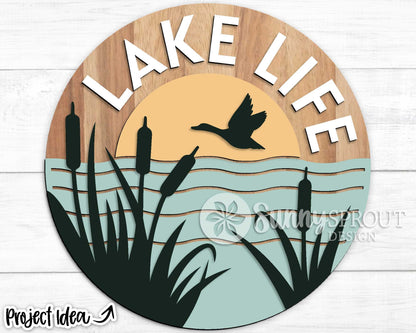 Lake Life Cattails Sign, Digital download, SVG Laser cut file, Cricut, Round door hanger design, Lake house cabin decor