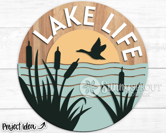 Lake Life Cattails Sign, Digital download, SVG Laser cut file, Cricut, Round door hanger design, Lake house cabin decor
