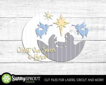 Our Savior Is Born Sign, Digital Download, SVG Laser Cut File, Cricut, Round Door Hanger Design, Christmas Nativity Decor