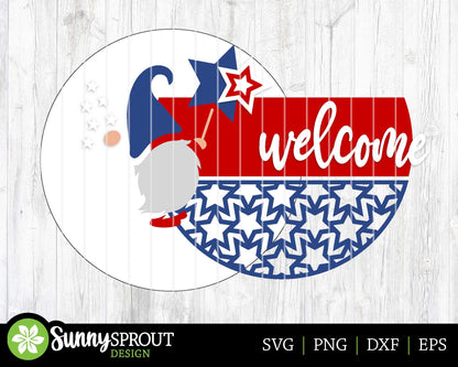 Welcome Patriotic Gnome Sign, Digital Download, SVG Laser Cut File, Cricut, Round Door Hanger Design, Patriotic 4th of July Decor
