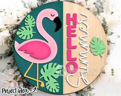 Hello Summer Flamingo Sign, Digital Download, SVG Laser Cut File, Cricut, Tropical Round Door Hanger Design