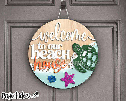 Welcome to Our Beach House Sign, Digital download, SVG Laser cut file, Cricut, Round door hanger wall art design, Ocean coastal decor