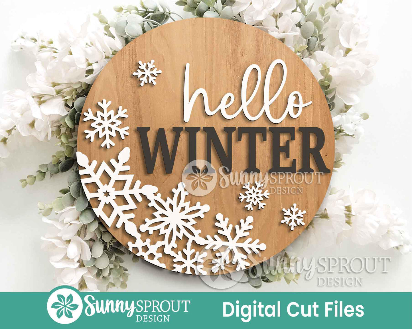 Hello Winter Snowflakes Sign, Round door hanger svg, Glowforge laser file, Cricut, Winter door decor, Winter welcome sign