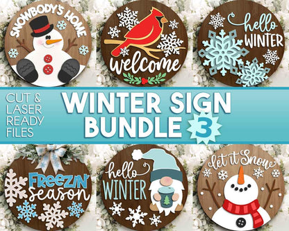 Winter Laser Sign Bundle 3, Round door hanger SVG, Glowforge laser file, Snowflake cut file, Christmas holiday decor svg