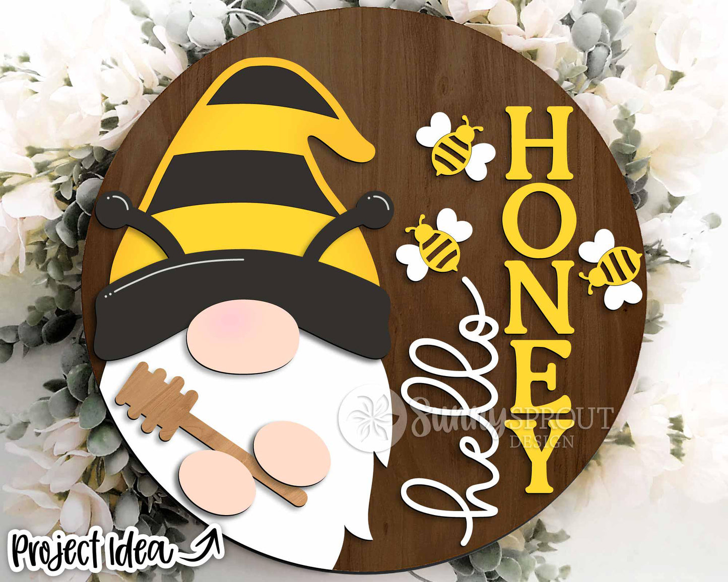 Hello Honey Bee Gnome Sign, Digital Download, SVG Laser Cut File, Cricut, Summer Round Door Hanger Design