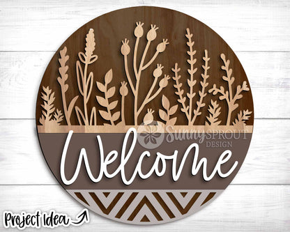 Welcome Wildflower Geometric Sign, Digital Download, SVG Laser Cut File, Cricut, Floral Farmhouse Round Door Hanger Design
