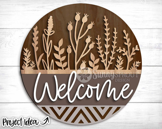 Welcome Wildflower Geometric Sign, Digital Download, SVG Laser Cut File, Cricut, Floral Farmhouse Round Door Hanger Design