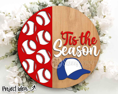 Tis the Season Baseball Pattern Sign, Digital Download, SVG Laser Cut File, Cricut, Door Hanger Design, Sports Decor