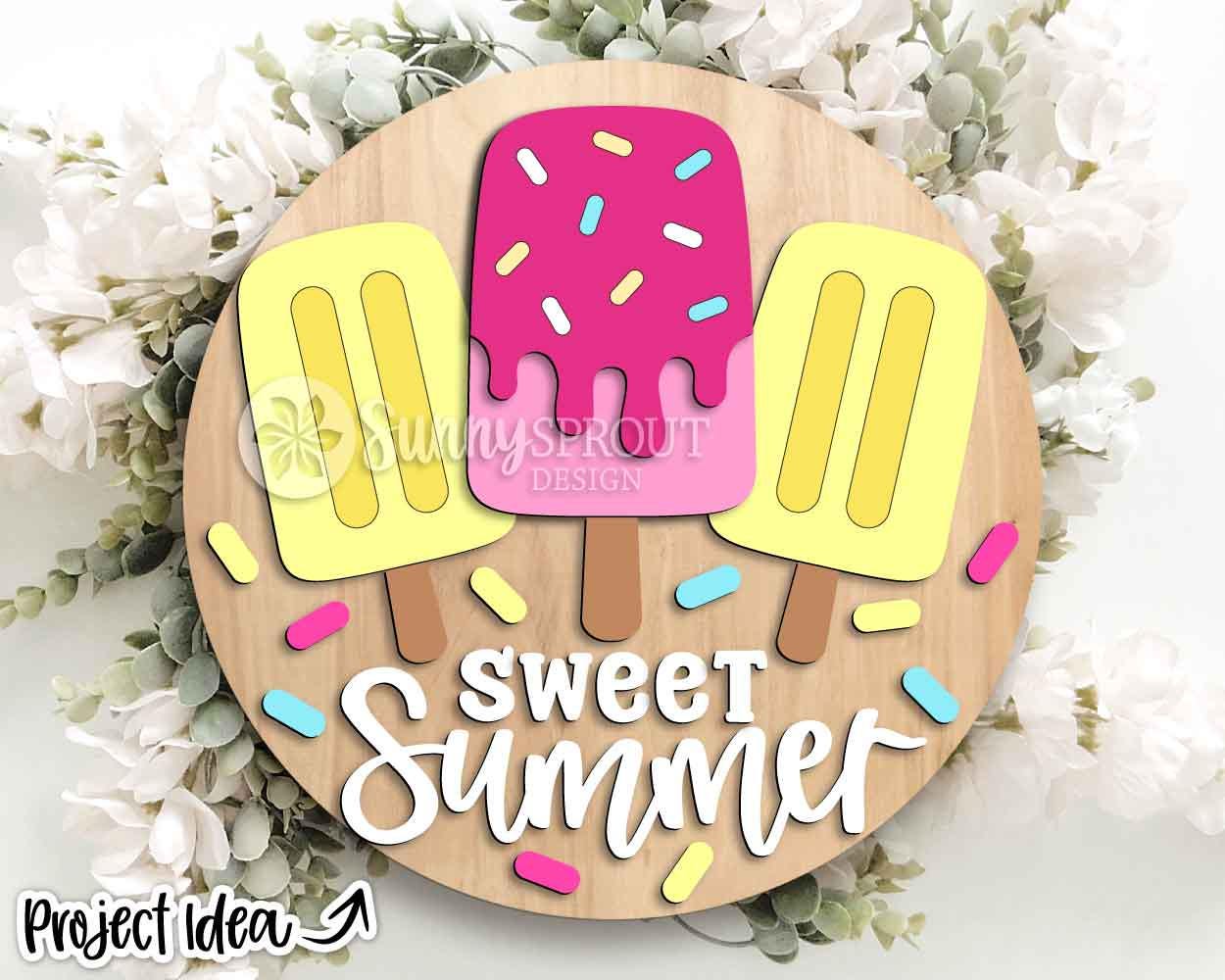Sweet Summer Popsicle Sign, Digital Download, SVG Laser Cut File, Cricut, Round Welcome Door Hanger Design, Ice Cream Decor
