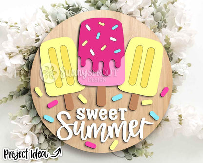 Sweet Summer Popsicle Sign, Digital Download, SVG Laser Cut File, Cricut, Round Welcome Door Hanger Design, Ice Cream Decor