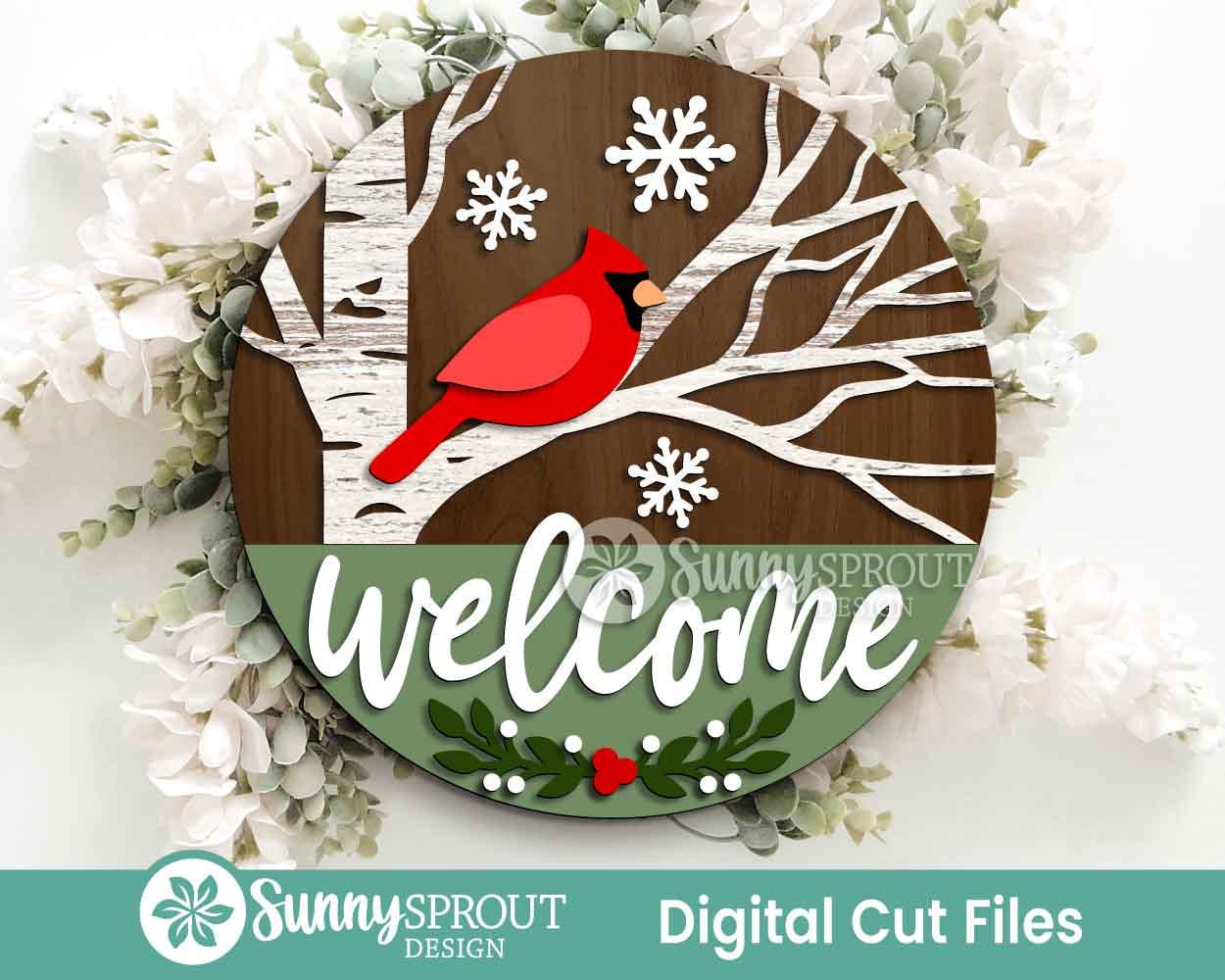 Welcome Cardinal Birch Tree Sign, Round door hanger, Glowforge laser file, Cricut, Christmas holiday decor, Winter sign