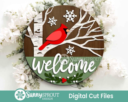 Welcome Cardinal Birch Tree Sign, Round door hanger, Glowforge laser file, Cricut, Christmas holiday decor, Winter sign