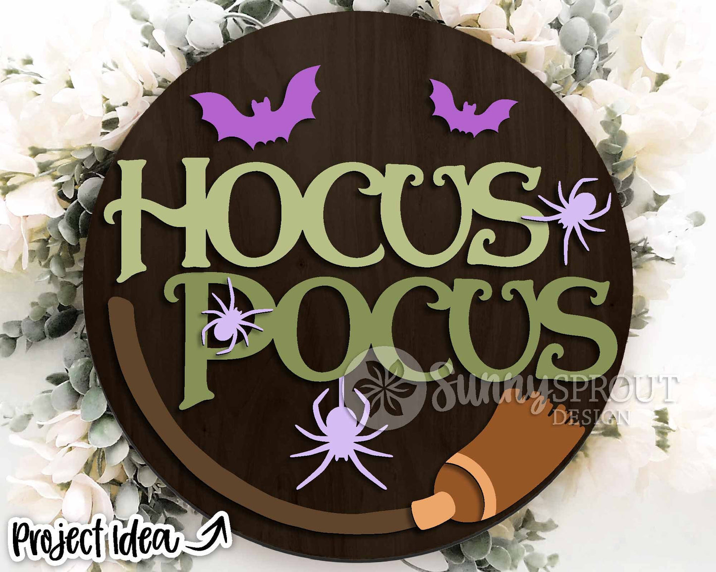Halloween Magic Broom Bats Sign, Digital Download, SVG Laser Cut File, Cricut, Round Halloween Door Hanger Design