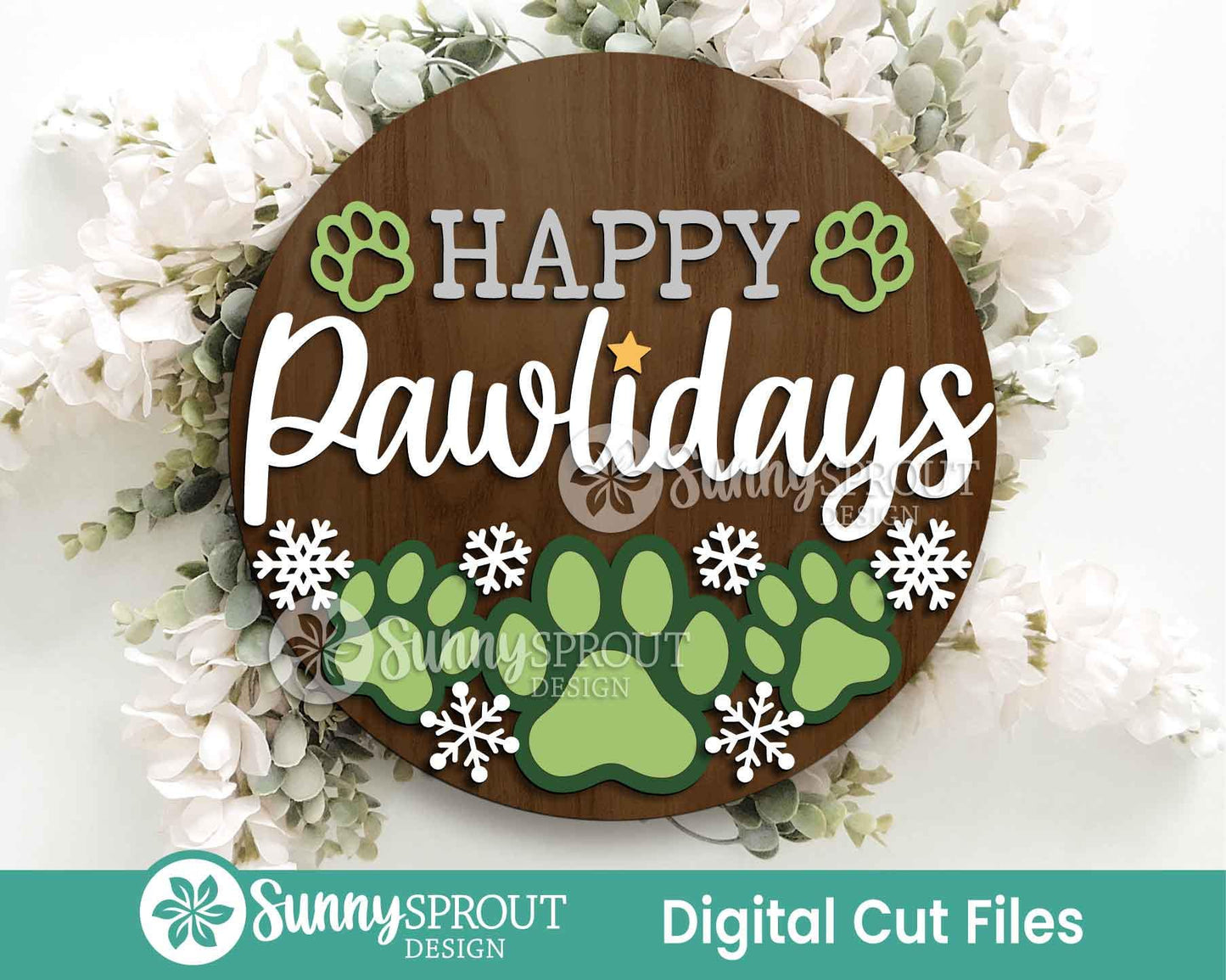 Happy Pawlidays Sign, Digital Download, SVG Laser Cut File, Cricut, Round Door Hanger Design, Christmas Dog Cat Decor