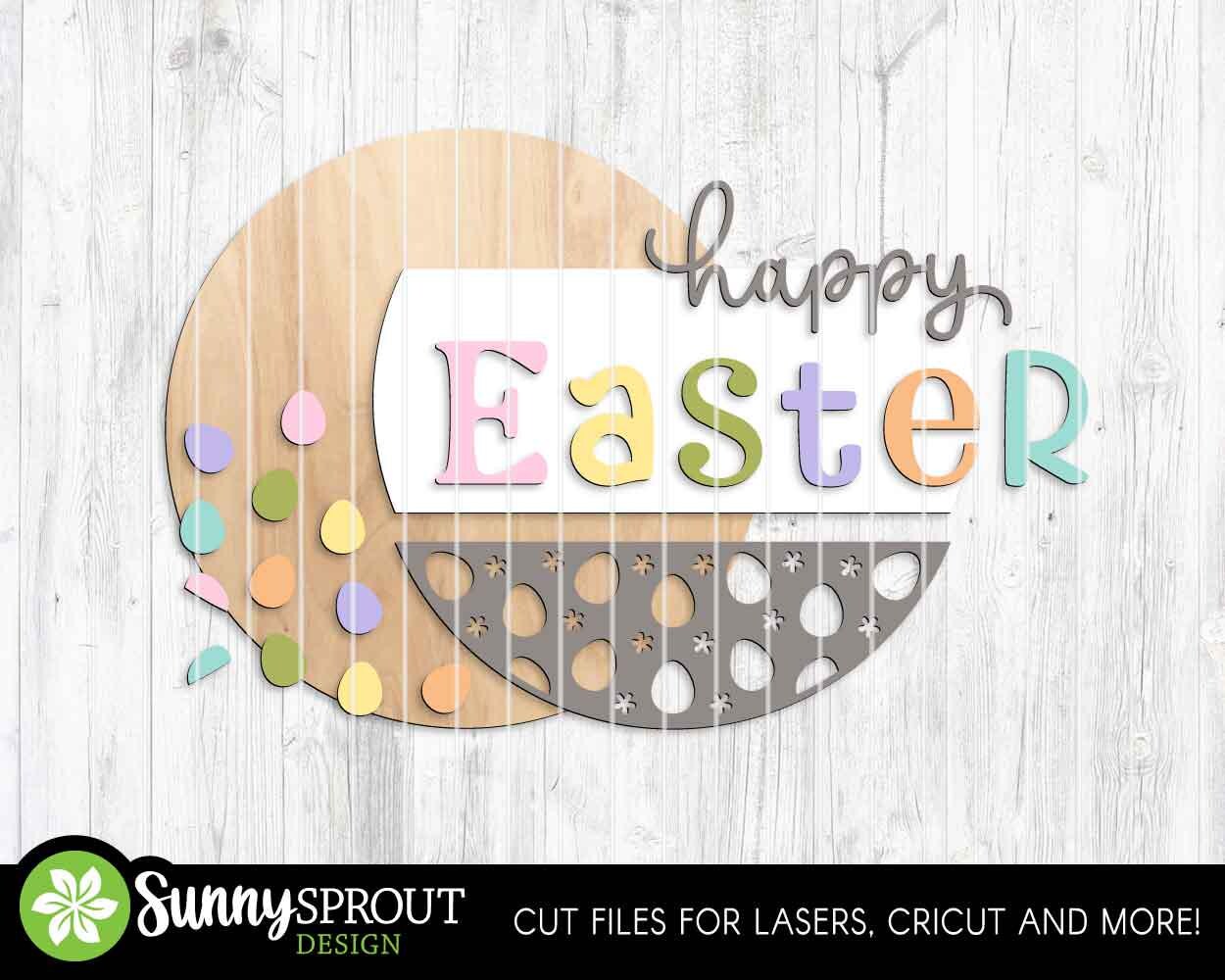 Happy Easter Egg Pattern Sign, Digital download, SVG Laser cut file, Cricut, Round door hanger design, Spring decor