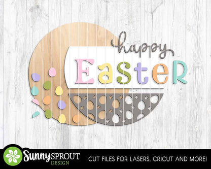 Happy Easter Egg Pattern Sign, Digital download, SVG Laser cut file, Cricut, Round door hanger design, Spring decor