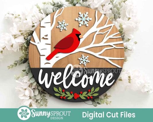 Welcome Cardinal Birch Tree Sign, Round door hanger, Glowforge laser file, Cricut, Christmas holiday decor, Winter sign