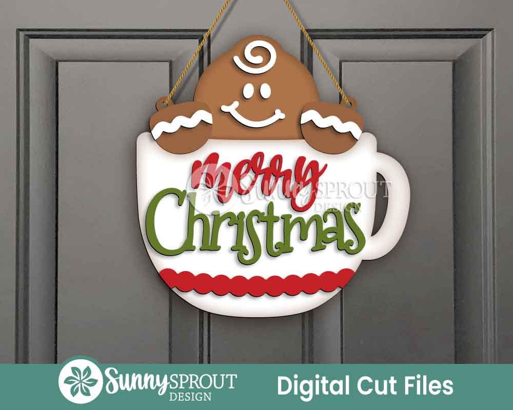 Merry Christmas Gingerbread Mug Sign, Digital Download, SVG Laser Cut File, Cricut, Door Hanger Wall Art Design