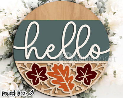 Hello Leaf Pattern Bottom Sign, Digital Download, SVG Laser Cut File, Cricut, Round Fall Door Hanger Design