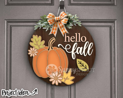 Hello Fall Outline Pumpkin and Leaves Sign, Digital Download, SVG Laser Cut File, Cricut, Round Fall Door Hanger Design
