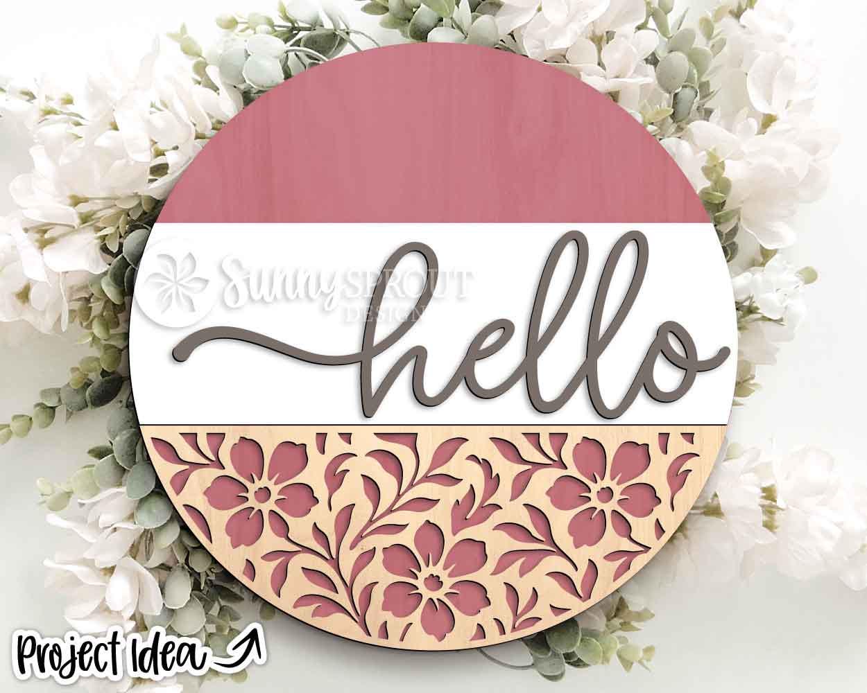 Hello Floral Welcome Sign SVG, Digital Download, SVG Laser Cut File, Cricut, Spring Summer Round Door Hanger Design