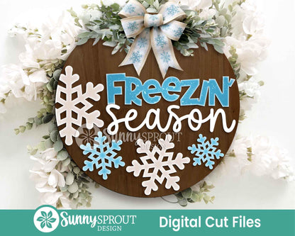Freezin Season Snowflake Sign, Round door hanger SVG, Glowforge laser file, Cricut, Winter door decor, Funny welcome sign