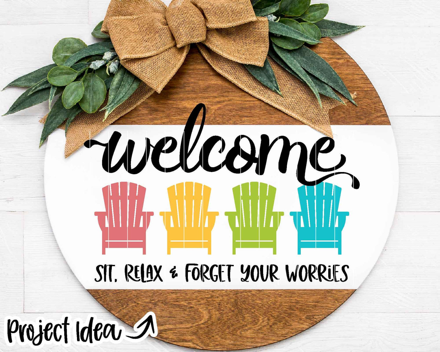Welcome Adirondack Chair Sign, Digital Download, Cricut SVG Cut File, Summer Beach Patio Round Door Hanger Design