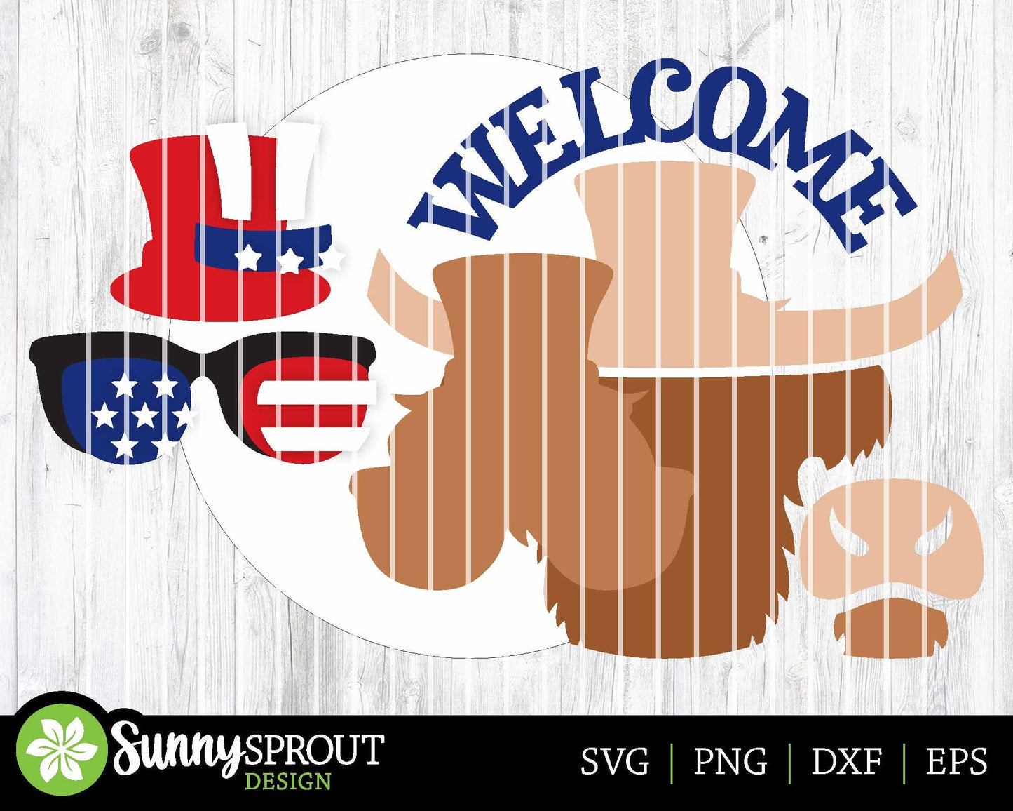 Welcome Patriotic Highland Cow Sign, Digital Download, SVG Laser Cut File, Cricut, Round Door Hanger Design, 4th of July Decor