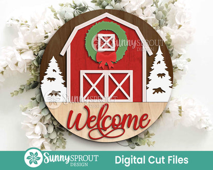 Welcome Barn Wreath Tree Sign, Digital Download, SVG Laser Cut File, Cricut, Round Door Hanger Design, Farmhouse Christmas Decor