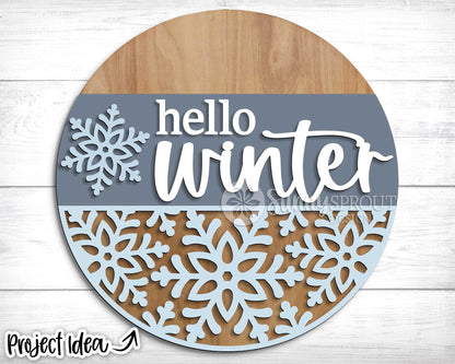 Hello Winter Snowflakes Sign, Round door hanger svg, Glowforge laser file, Cricut, Winter door decor, Winter welcome sign