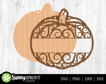Pumpkin Split Monogram Sign, Digital Download, SVG Laser Cut File, Cricut, Round Fall Door Hanger Design, Personalize Name