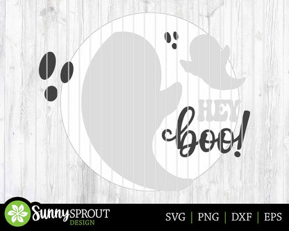 Hey Boo Ghost Sign, Digital Download, SVG Laser Cut File, Cricut, Round Halloween Door Hanger Design