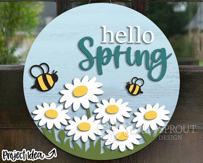 Hello Spring Daisy Bees Sign, Digital download, SVG Laser cut file, Cricut, Round door hanger design