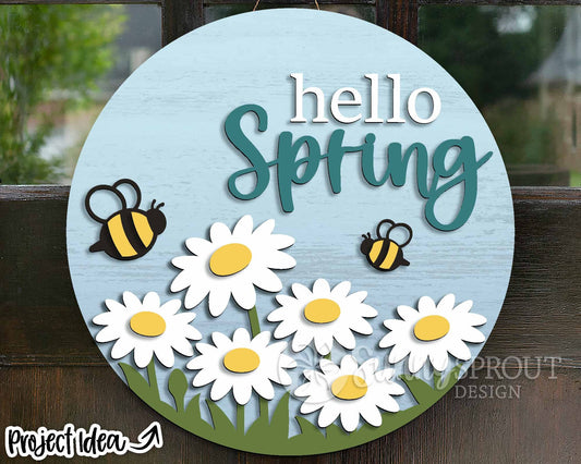 Hello Spring Daisy Bees Sign, Digital download, SVG Laser cut file, Cricut, Round door hanger design