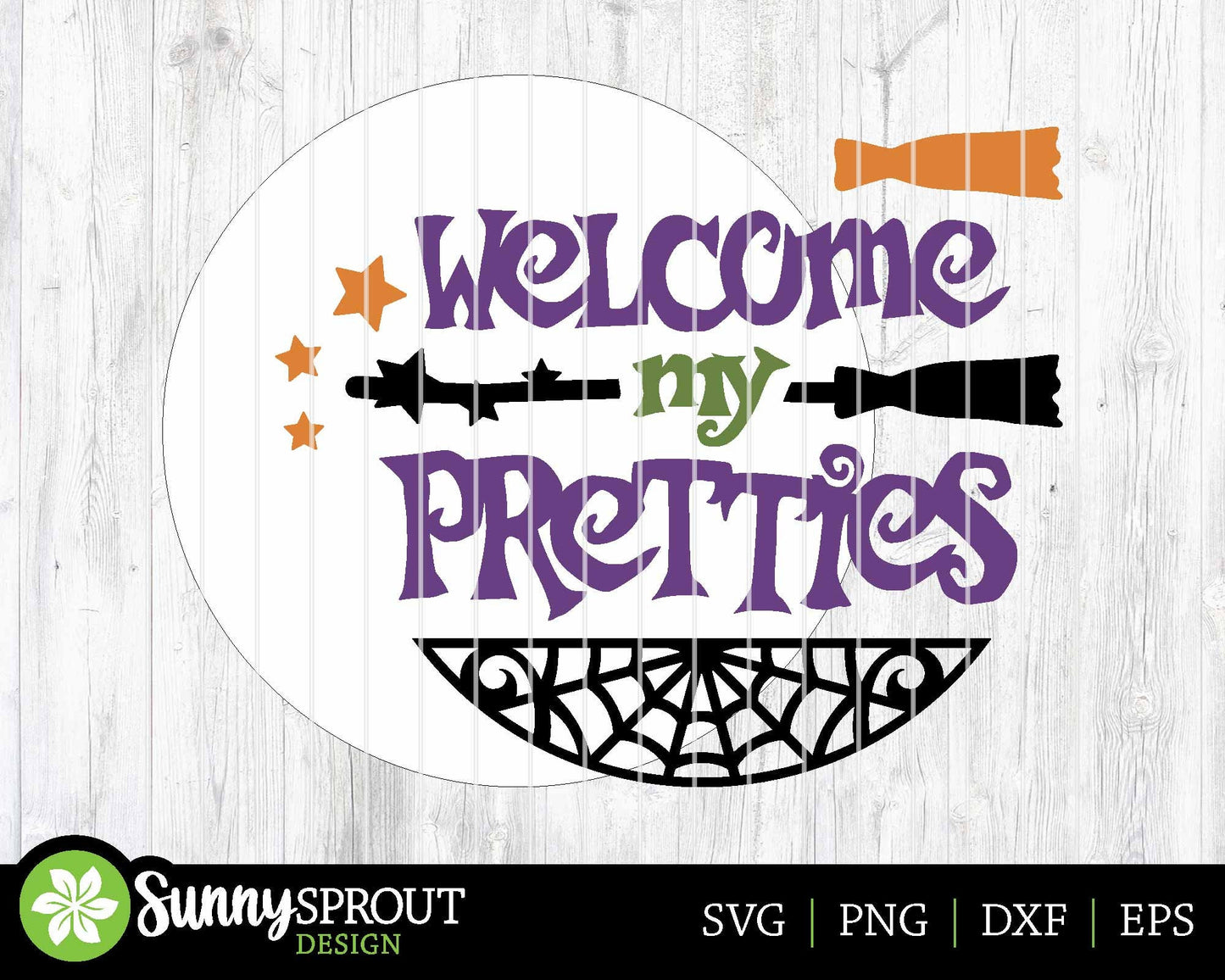 Welcome My Pretties Spider Web Broom Witch Sign, Digital Download, SVG Laser Cut File, Cricut, Round Halloween Door Hanger Design