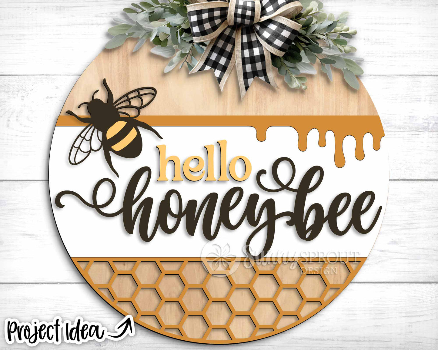 Hello Honey Bee Honeycomb Sign, Digital Download, SVG Laser Cut File, Cricut, Summer Round Door Hanger Design