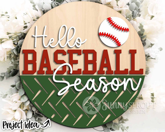 Hello Baseball Season Sign, Digital Download, SVG Laser Cut File, Cricut, Round Door Hanger Design, Sports Decor