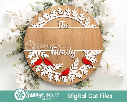 Cardinal Split Frame Family Name Monogram Sign, Digital Download, SVG Laser Cut File, Cricut, Round Door Hanger Design, Christmas Decor