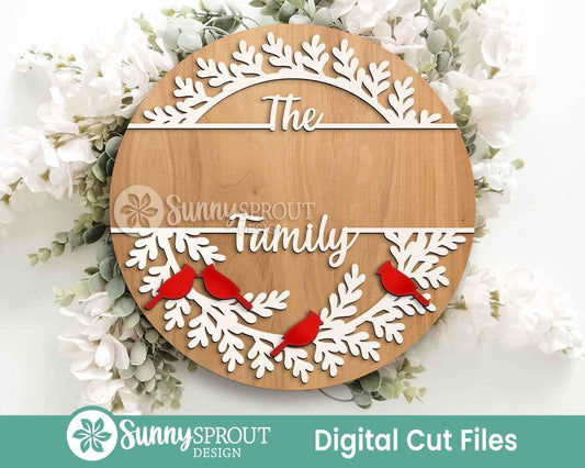 Cardinal Split Frame Family Name Monogram Sign, Digital Download, SVG Laser Cut File, Cricut, Round Door Hanger Design, Christmas Decor