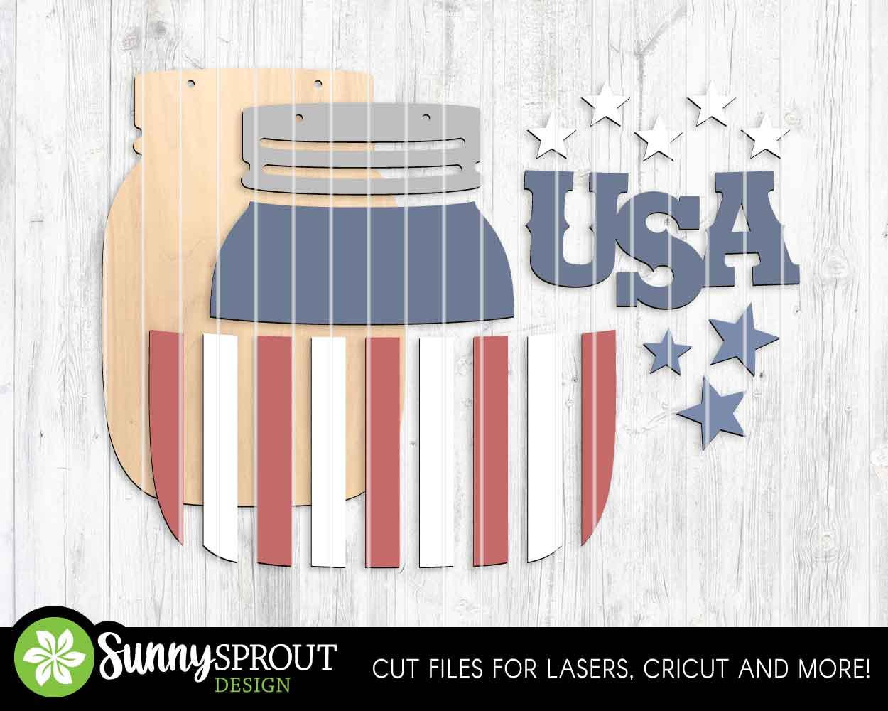 USA American Flag Mason Jar Sign, Digital Download, SVG Laser Cut File, Cricut, Door Hanger Design, Patriotic 4th of July Decor