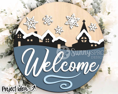 Welcome Winter Village Sign, Round door hanger svg, Glowforge laser cut file, Cricut, Christmas sign svg, Snowflake decor