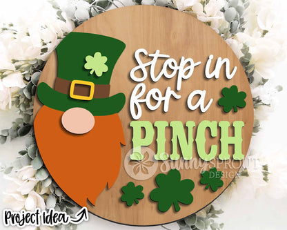 Stop In For A Pinch Leprechaun Gnome Sign, Digital Download, SVG Laser Cut File, Round Door Hanger Design, St. Patrick's Day Decor