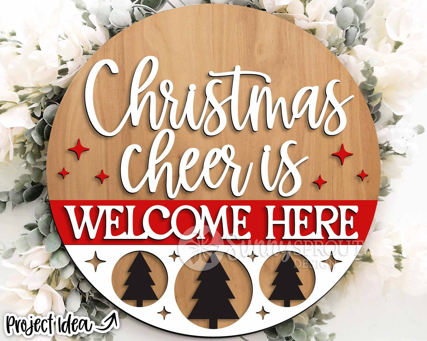 Christmas Cheer Welcome Here Sign, Digital Download, SVG Laser Cut File, Cricut, Round Door Hanger Design