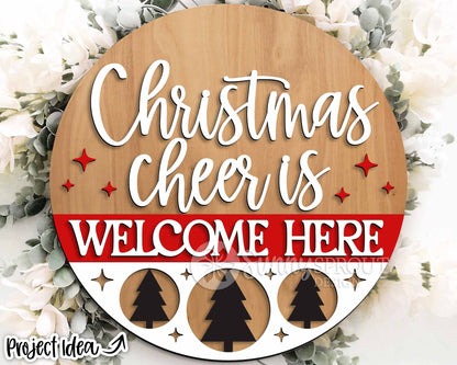Christmas Cheer Welcome Here Sign, Digital Download, SVG Laser Cut File, Cricut, Round Door Hanger Design