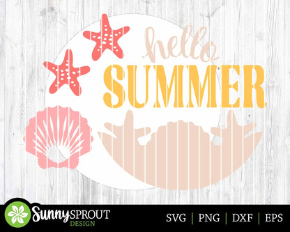 Hello Summer Seashells Sign, Digital download, SVG Laser cut file, Cricut, Round door hanger wall art design, Beach coastal decor