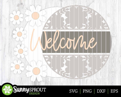 Welcome Flower Pattern Sign, Digital download, SVG Laser cut file, Cricut, Round door hanger design, Spring summer floral decor