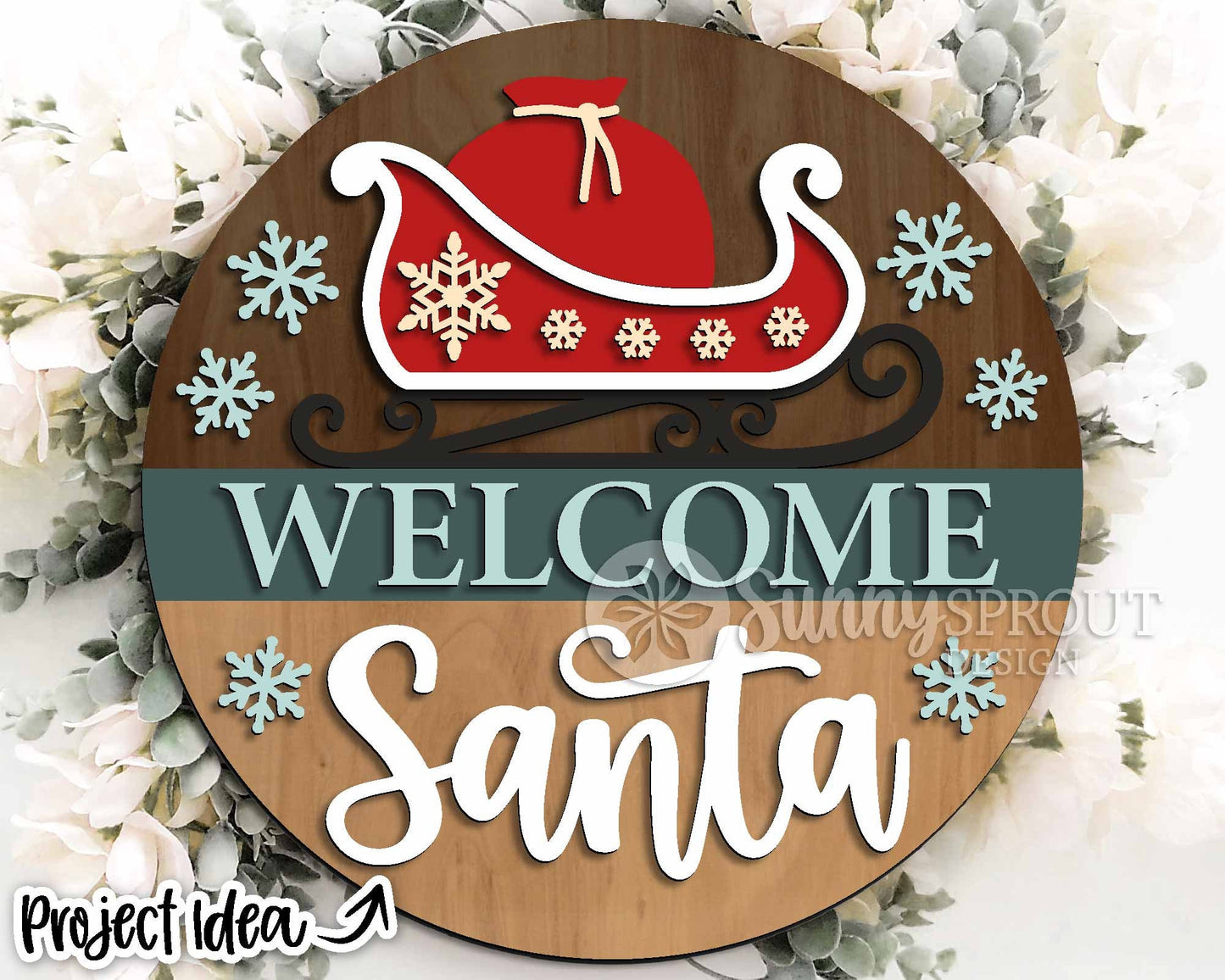 Welcome Santa Sleigh Sign, Digital Download, SVG Laser Cut File, Cricut, Round Door Hanger Design, Christmas Decor