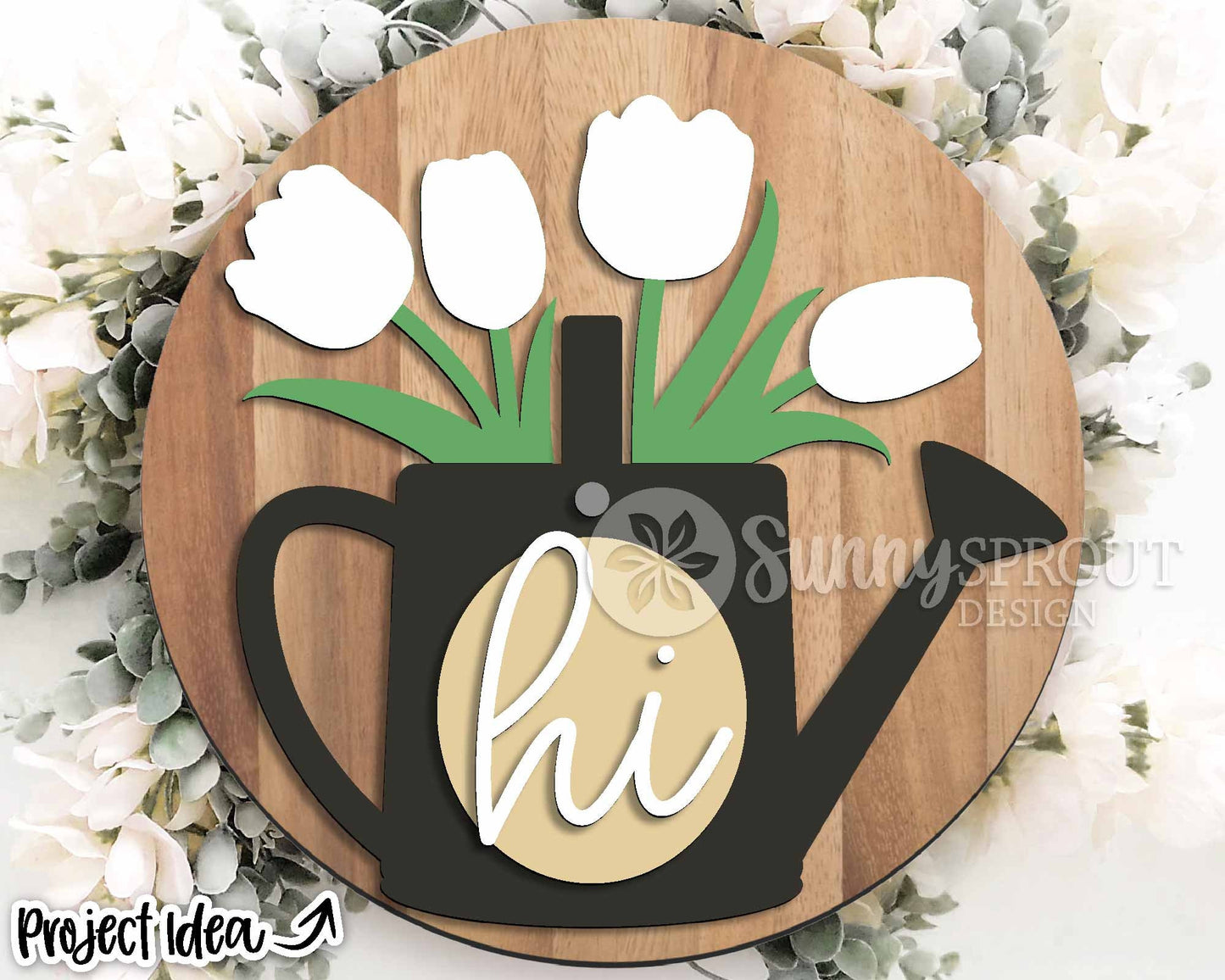 Hi Watering Can Tulip Sign, Digital download, SVG Laser cut file, Cricut, Round door hanger design, Spring Easter decor